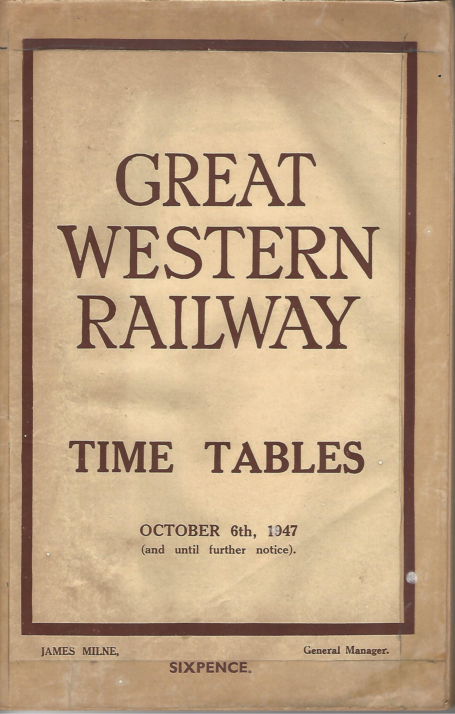 Image for Great Western Railway Time Tables October 6th 1947.