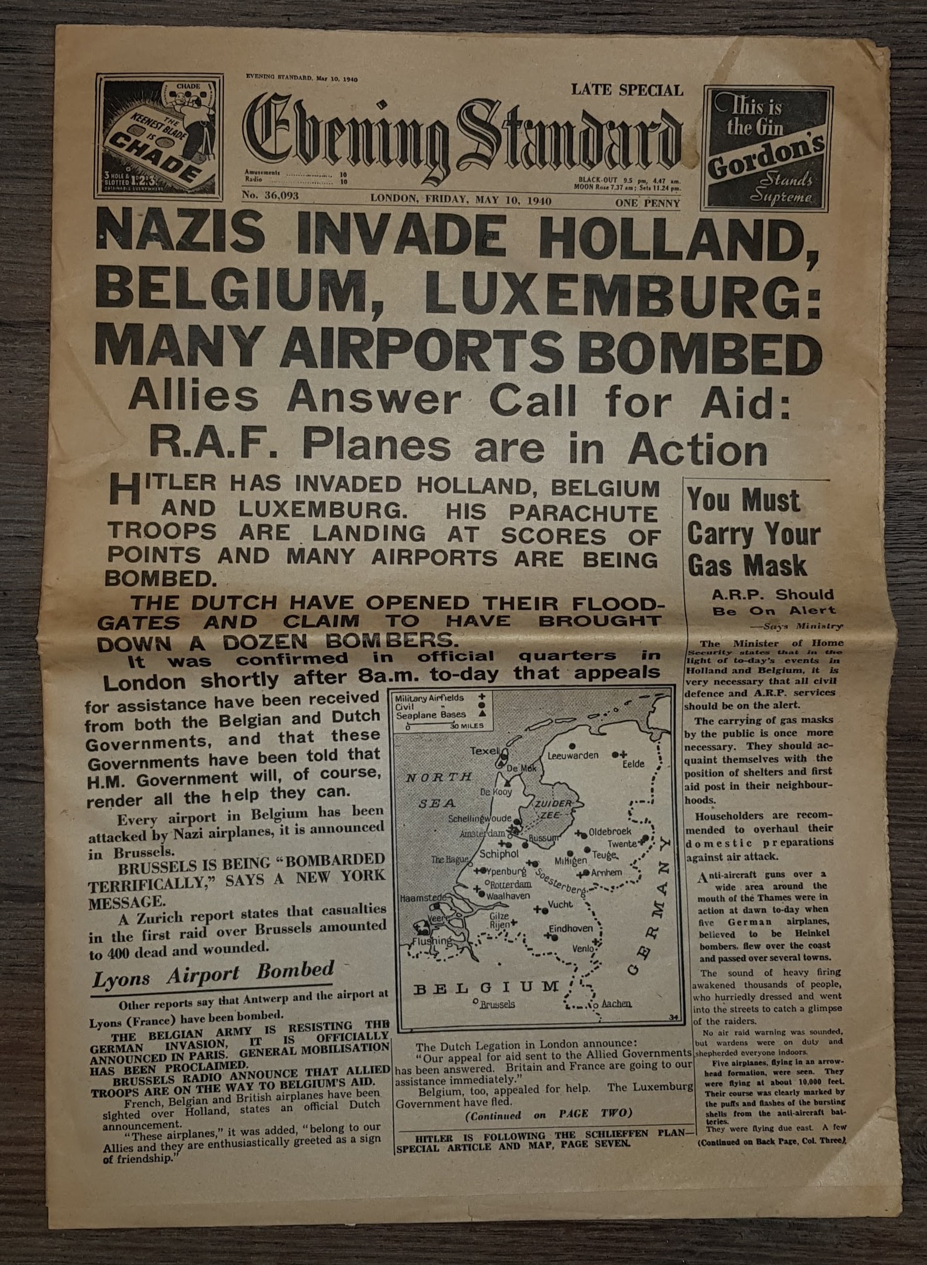 Image for Evening Standard May 10, 1940, Nazis Invade Holland, Belgium, Luxemburg: Many Airports Bombed.