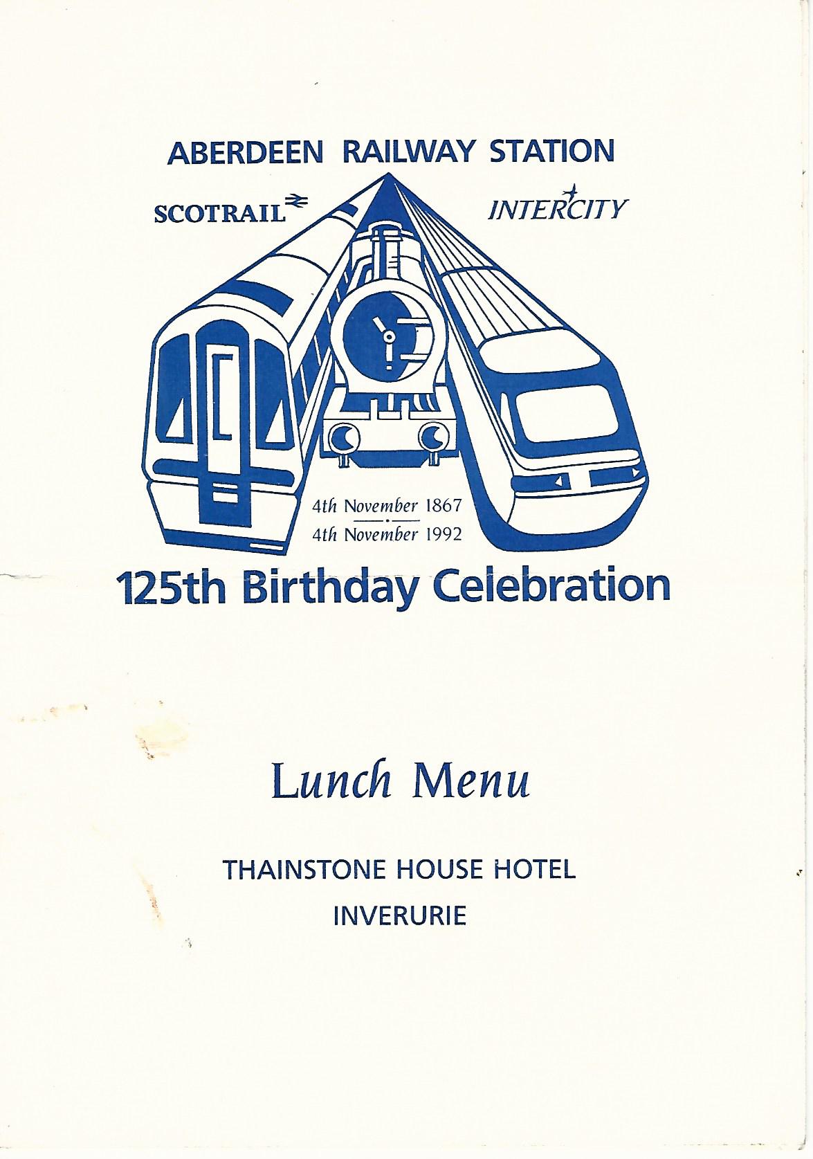 Image for Aberdeen Railway Station 125th Birthday Celebrations Lunch Menu at Thainstone House Hotel, Inverurie.