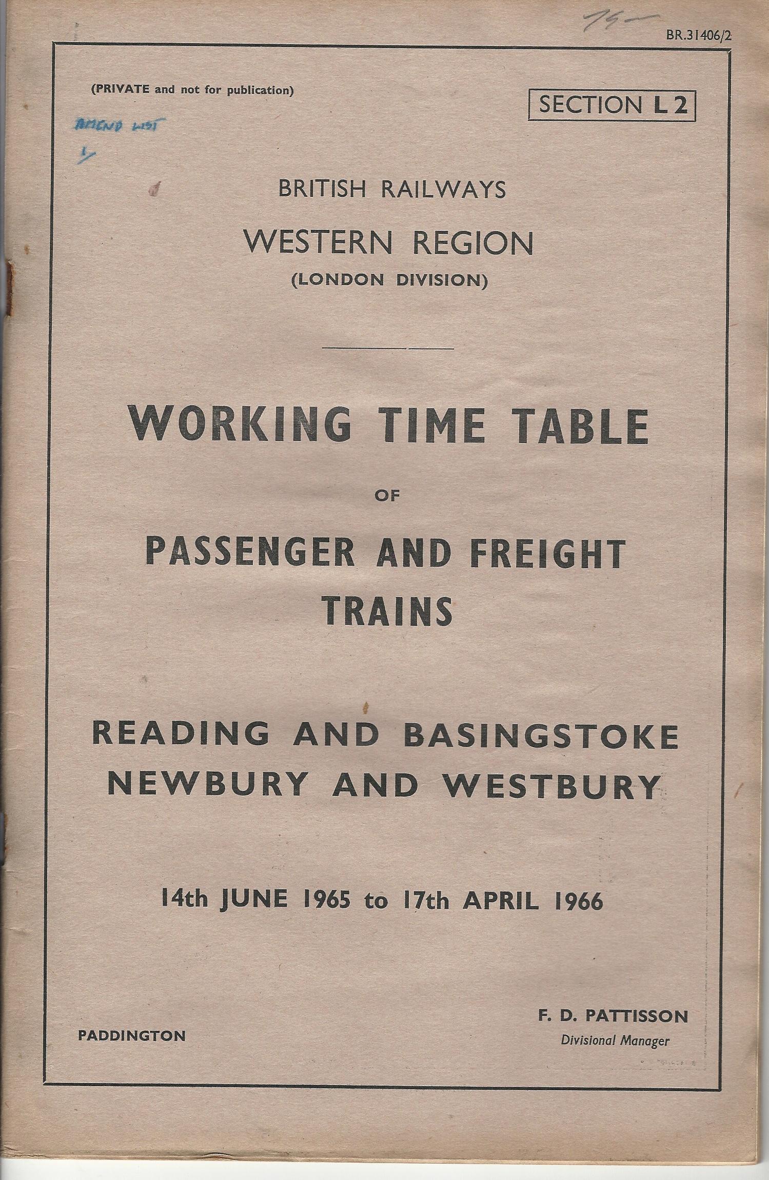 Image for British Railways Western Region: Working Time Table of Passenger and Freight Trains: Reading and Basingstoke, Newbury and Westbury.
