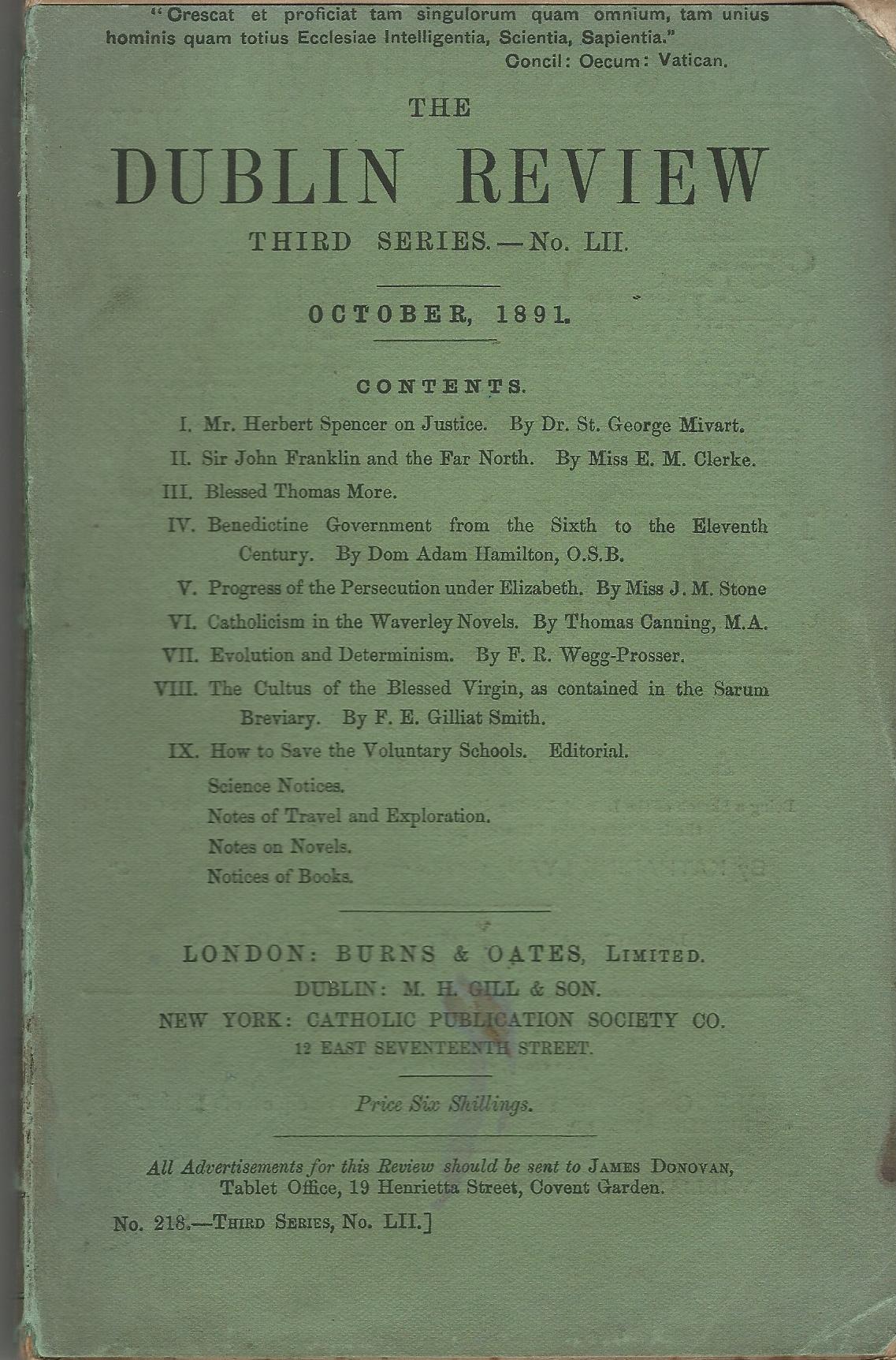 Image for The Dublin Review: October, 1891, No. LII
