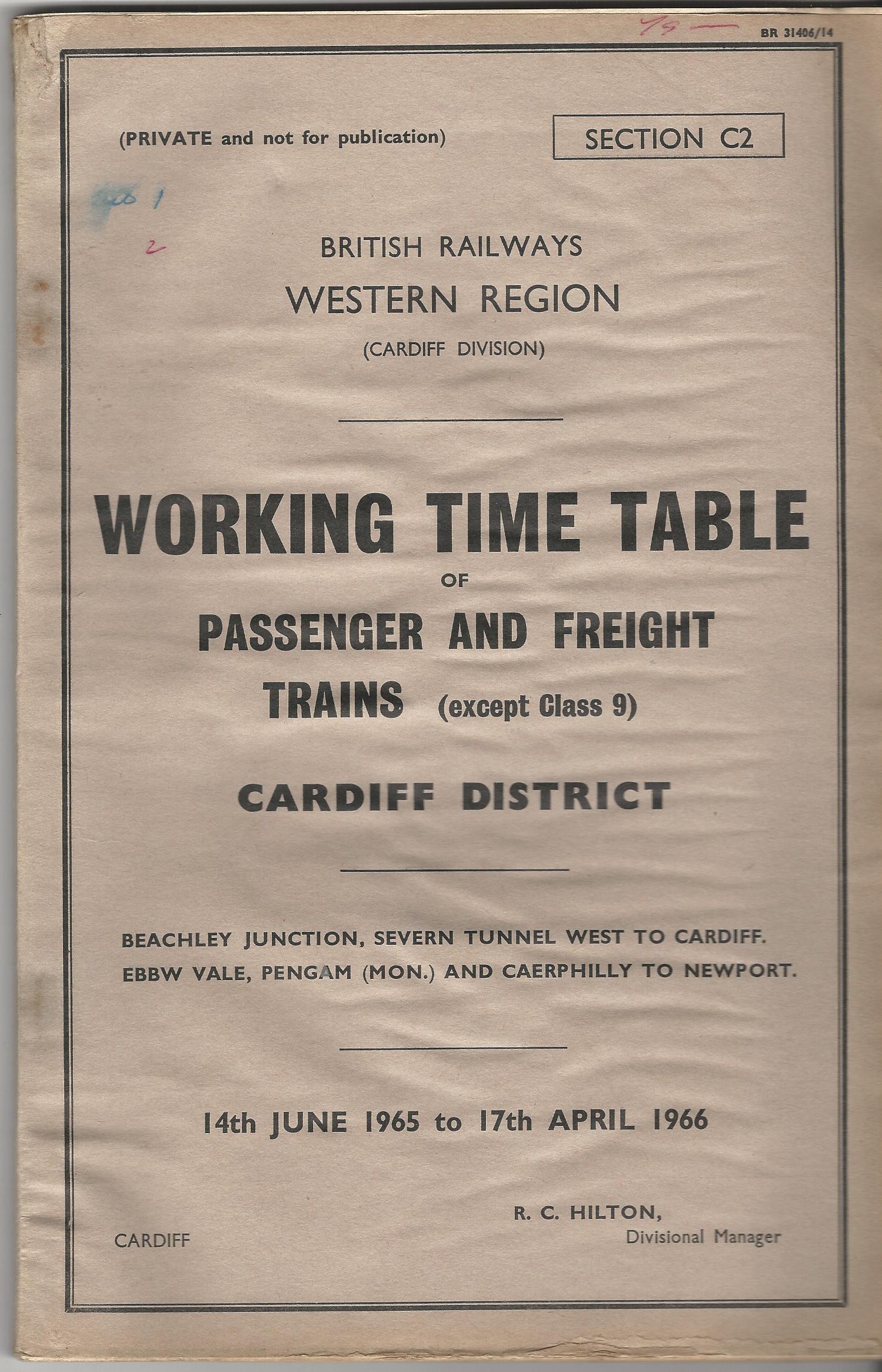 Image for British Railways Western Region: Working Timetable of Passenger and Freight Trains (Except Class 9): Cardiff District 14th June 1965 to 17th April 1966