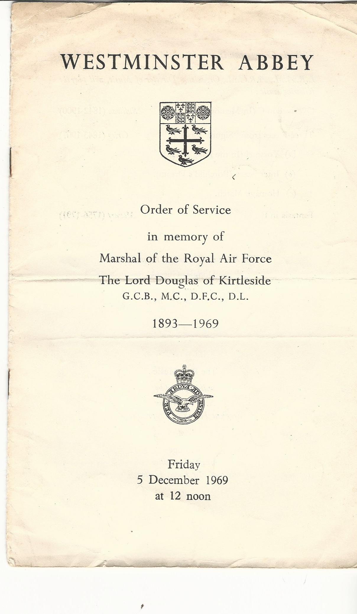 Image for Westminster Abbey: Order of Service in Memory of Marshal of the Royal Air Force The Lord Douglas of Kirtleside 1893 - 1969. Friday 5 December 1969.