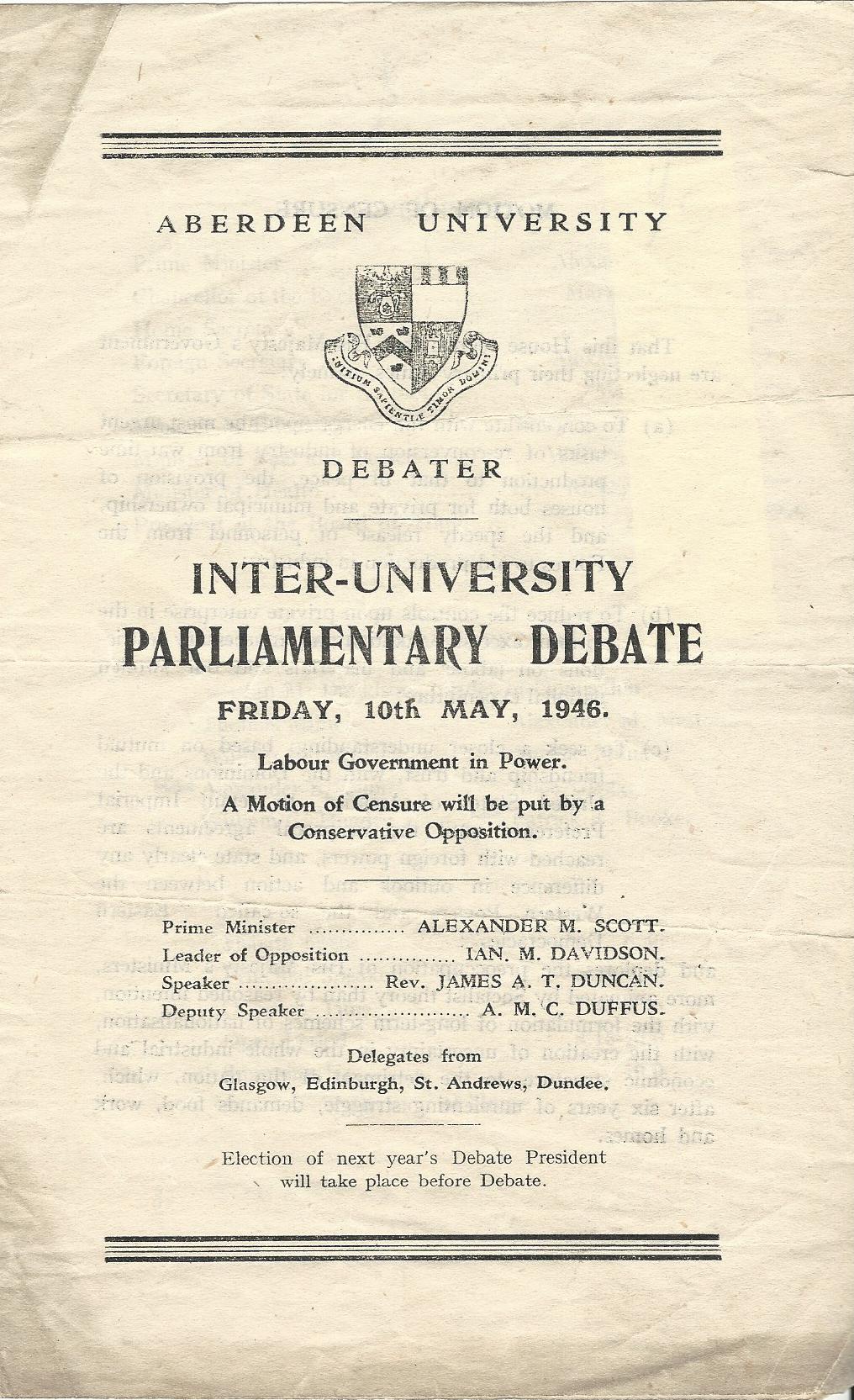 Image for Aberdeen University Debater, Inter-University Parliamentary Debate, Friday, 10th May, 1946