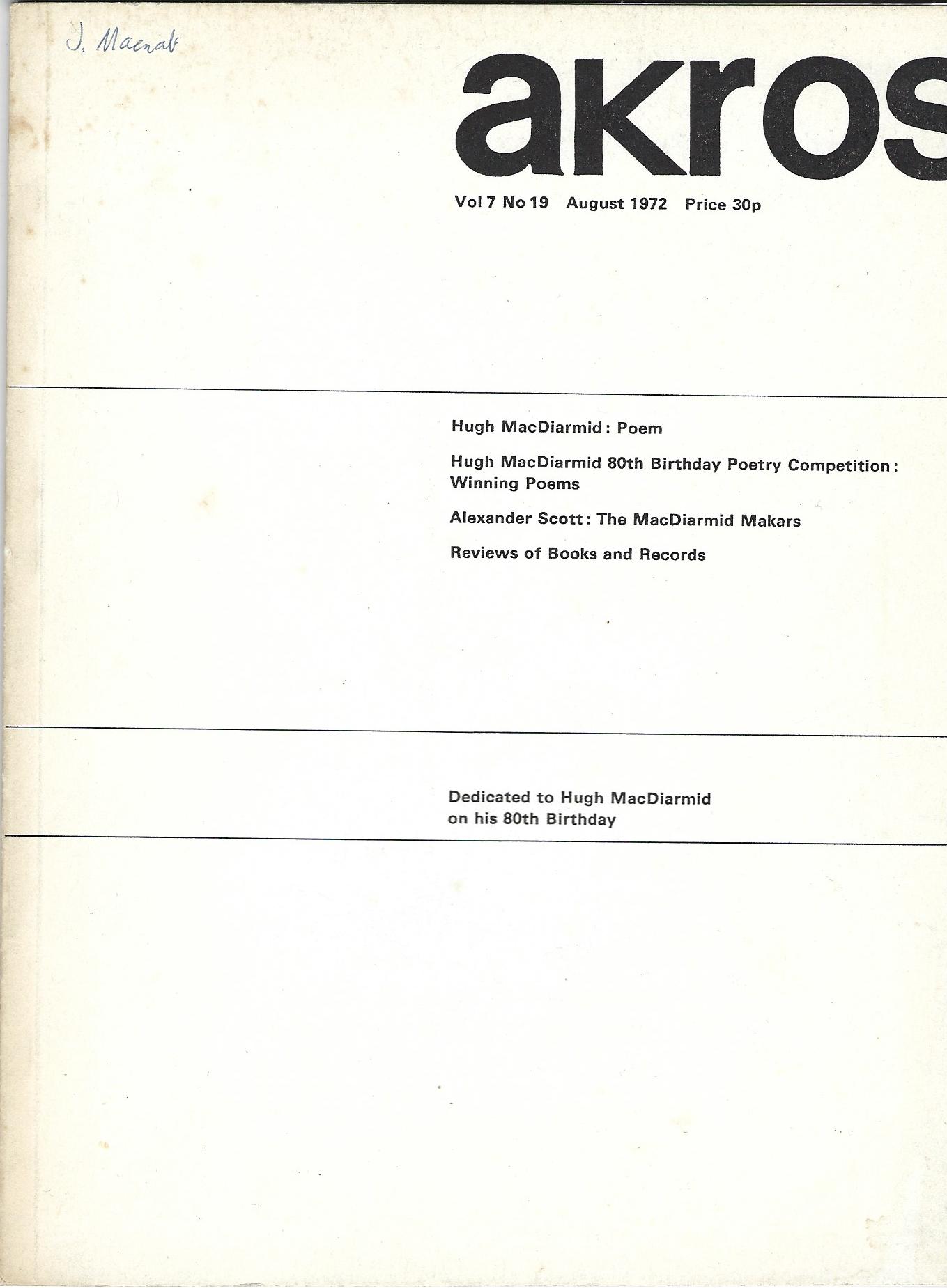 Image for Akros Volume 7, No. 19, August 1972 - Dedicated to Hugh MacDiarmid on his 80th Birthday
