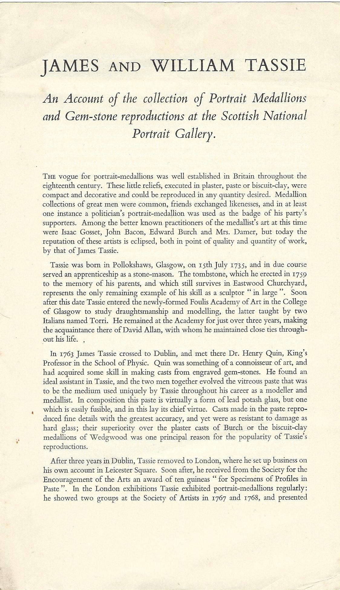 Image for James and William Tassie - An Account of the Collection of of Portrait Medallions and Gem-Stone Reproductions at the Scottish National Portrait Gallery