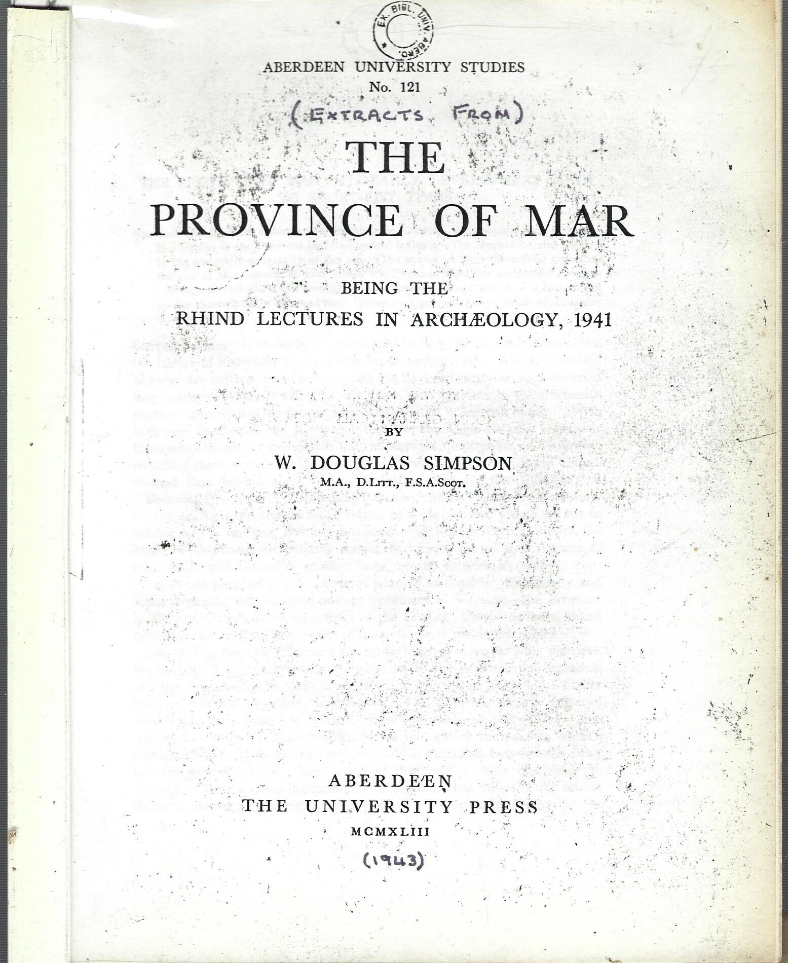 The Province of Mar, The Rhind Lectures in Archaeology